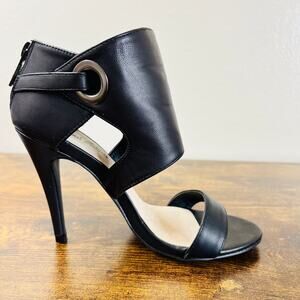Michael Antonio Dress Sandal 6.5 Black Faux Leather Open Toe Ankle Stiletto Heel